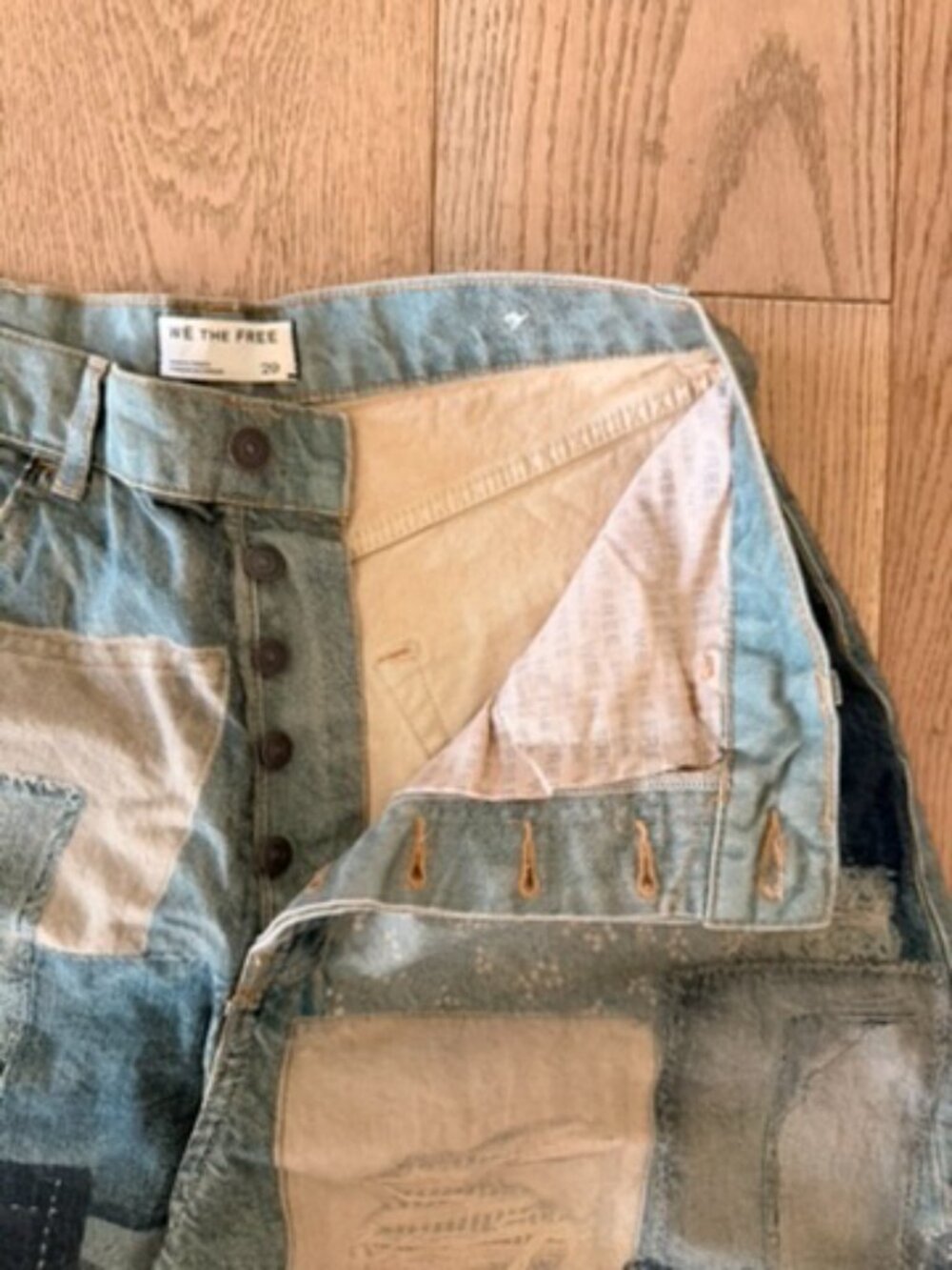 Free People Mixed Denim Patchwork Wide-Leg Jeans in Blue and Cream - Picture 3 of 7